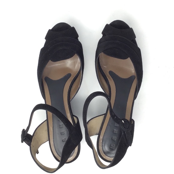 MARNI Suede Ankle Strap Platform Wedge Black Sandal - Picture 9 of 12